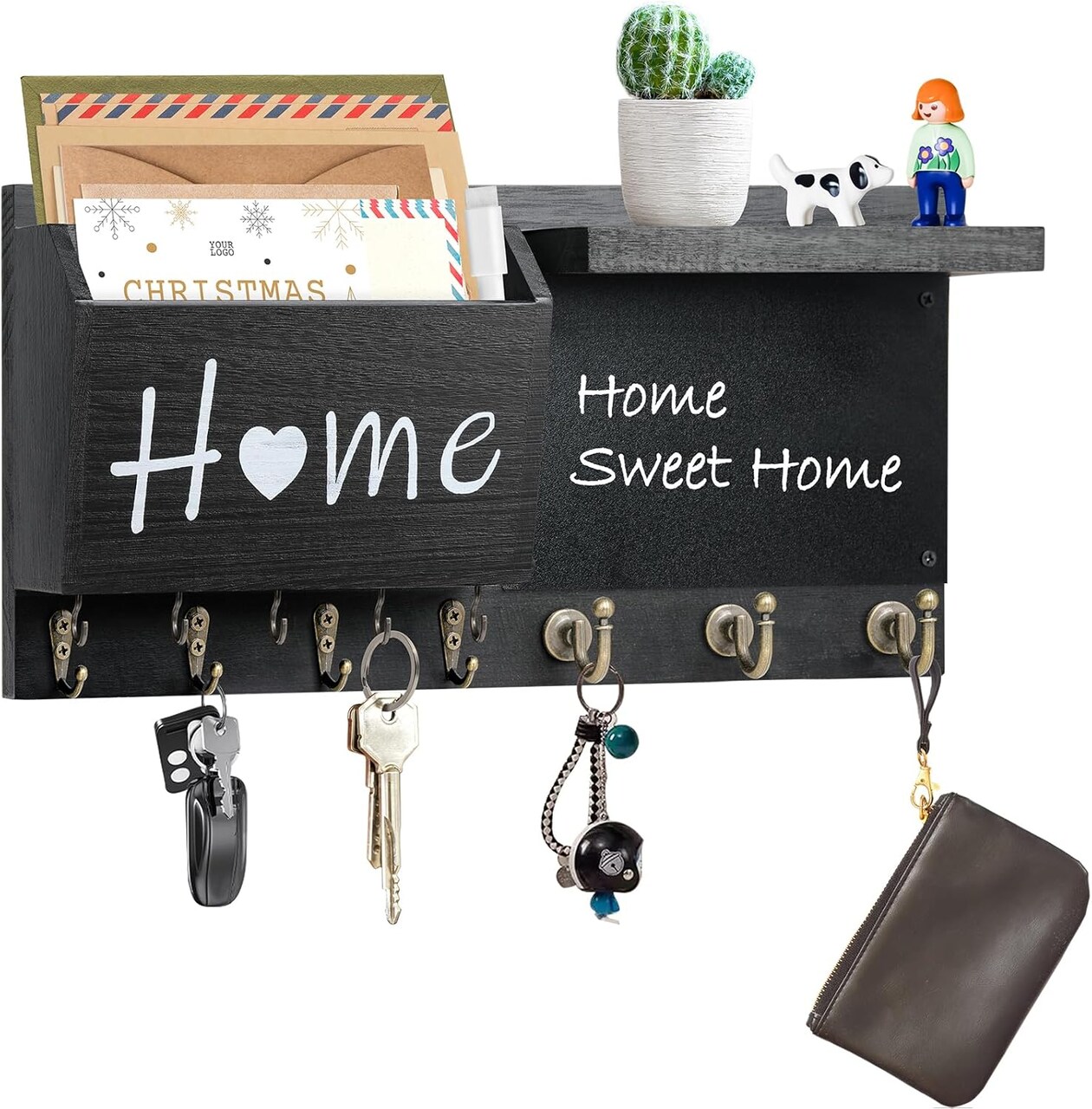 Key Holder Wall Mount, Wooden Chalkboard Mail and Key Organizer with Shelf, 12 Key Hooks, Black